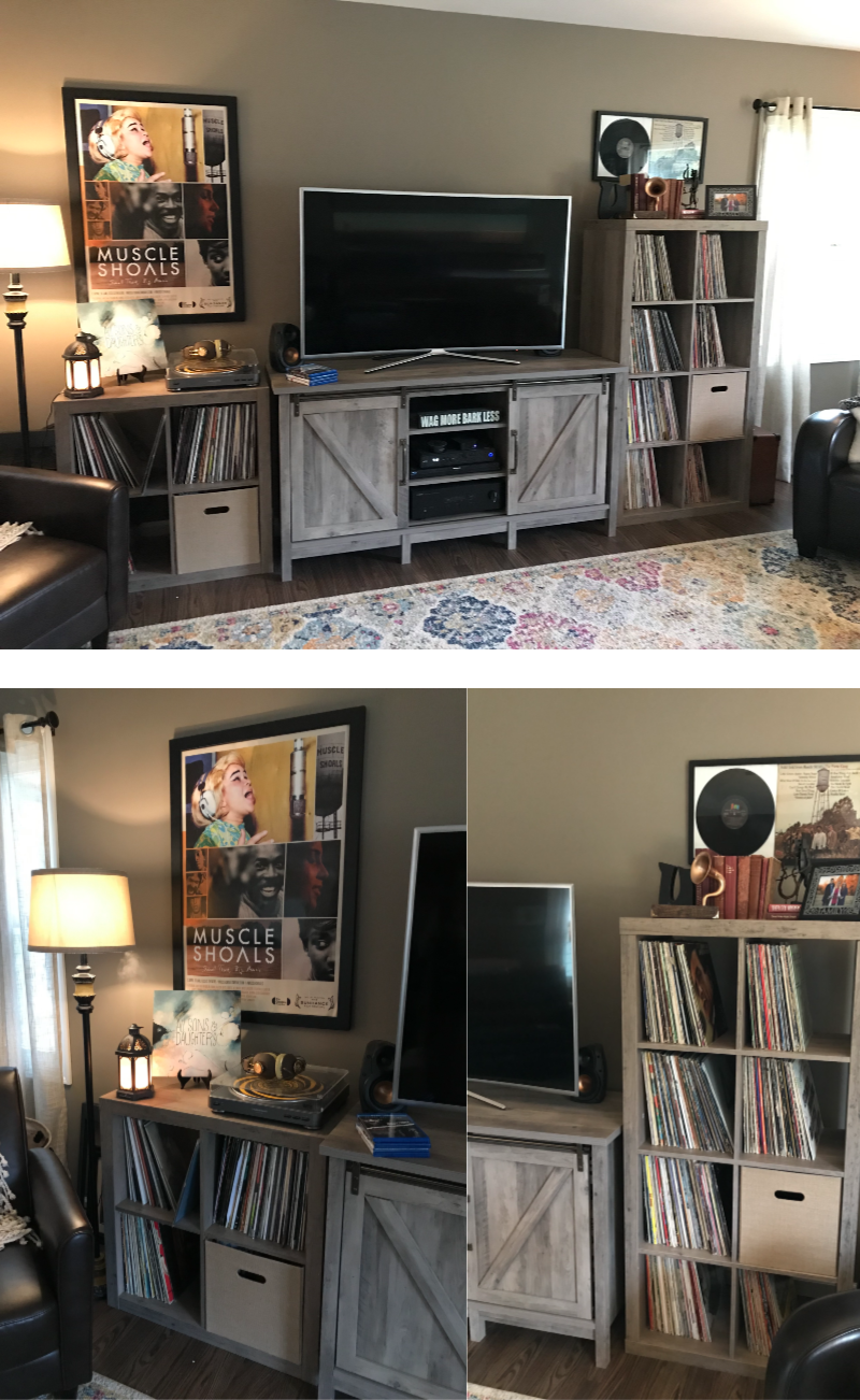 Love these cube storage shelves for our album collection!