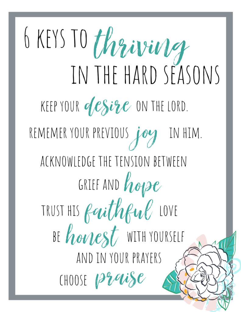 6 Keys to Thriving when the Hard Seasons Hit — based on Psalm 42.
Printable resource from Teri Lynne Underwood